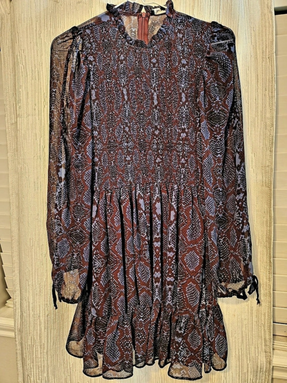 Olivacious Vintage Boho Prairie Mini Dress Brown Rust Blue Paisley Ruffle S